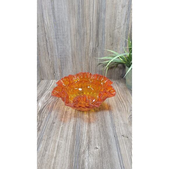 Vintage Fenton Orange Colonial Thumbprint Bowl, 8" Ruffled Glass - Picture 1 of 4